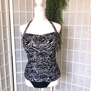 Tropical Escape One Piece Swimsuit in Black & White, Excellent Condition, 16.